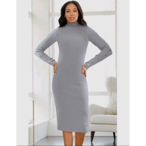 ASHRO Gray Ribbed Knit Long Sleeve Mock Neck Midi Sweater Dress Size XL NEW - Picture 1 of 7